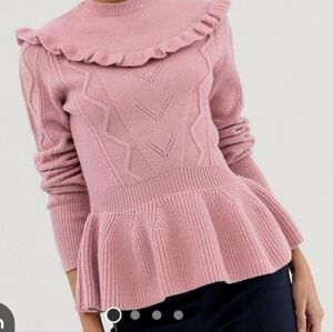 Ted Baker Plum Wool Blend Elsahi Peplum Cable Knit Ruffle Sweater 3 (US8)